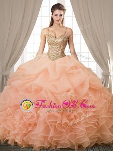 Spaghetti Straps Sleeveless Sweet 16 Quinceanera Dress Floor Length Beading and Ruffles and Pick Ups Peach Organza