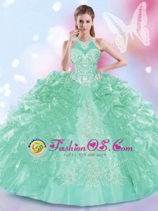 Glorious Halter Top Sleeveless Lace Up Sweet 16 Dress Apple Green Organza