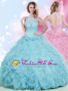 Customized Baby Blue Ball Gowns Beading and Ruffles 15th Birthday Dress Lace Up Tulle Sleeveless Floor Length