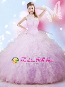 Fashion Lavender Lace Up High-neck Beading and Ruffles Quinceanera Dresses Tulle Sleeveless