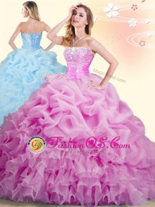 Flare Aqua Blue Ball Gowns Organza Sweetheart Sleeveless Beading and Ruffles Floor Length Lace Up Sweet 16 Dress