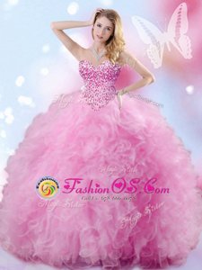 Attractive Floor Length Ball Gowns Sleeveless Rose Pink Vestidos de Quinceanera Lace Up