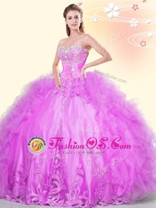 Lilac Ball Gowns Sweetheart Sleeveless Tulle Asymmetrical Lace Up Beading and Appliques and Ruffles Sweet 16 Dress