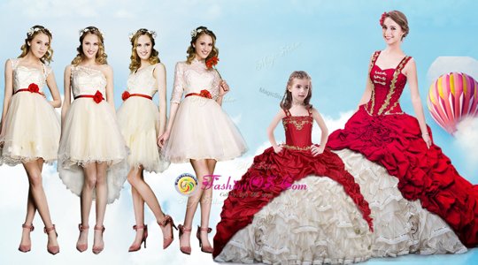 Attractive Straps White And Red Sleeveless With Train Beading and Ruffles and Pick Ups Lace Up Quinceanera Gowns