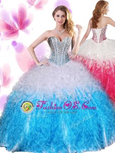 Blue And White Ball Gowns Beading and Ruffles Quinceanera Gown Lace Up Organza Sleeveless Floor Length