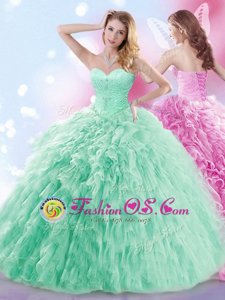 Super Apple Green Sleeveless With Train Beading and Ruffles Lace Up Quinceanera Dress