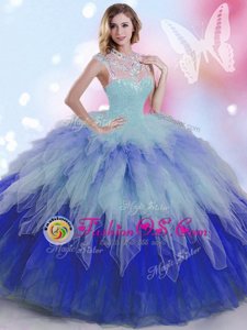 High-neck Sleeveless Quinceanera Gown Floor Length Beading and Ruffles Multi-color Tulle