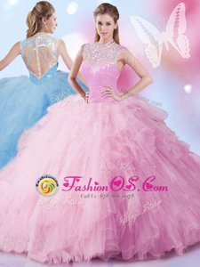 Colorful Baby Pink High-neck Zipper Beading and Ruffles and Sequins Quinceanera Dresses Sleeveless