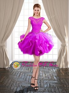 Stunning Scoop Mini Length Ball Gowns Cap Sleeves Fuchsia Cocktail Dresses Lace Up