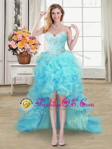 Aqua Blue Lace Up Sweetheart Beading and Ruffles Dress for Prom Organza Sleeveless