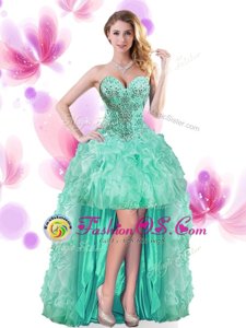 Turquoise Sleeveless Beading and Ruffles High Low Prom Party Dress
