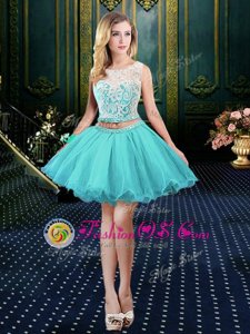 Customized Scoop Aqua Blue Clasp Handle Dress for Prom Lace Sleeveless Mini Length