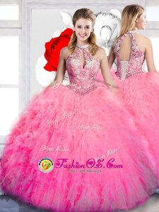 Halter Top Hot Pink Sleeveless Floor Length Beading and Ruffles Lace Up Sweet 16 Dresses