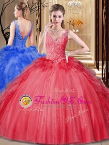 Nice Red Ball Gowns V-neck Sleeveless Tulle and Sequined Floor Length Backless Appliques and Sequins and Pick Ups Quinceanera Gowns