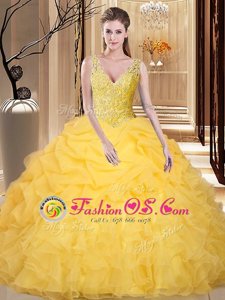 Great Pick Ups V-neck Sleeveless Backless Quinceanera Dress Gold Organza