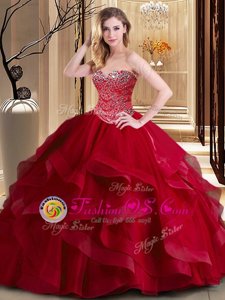 Cute Tulle Sweetheart Sleeveless Lace Up Beading and Ruffles Sweet 16 Dresses in Wine Red
