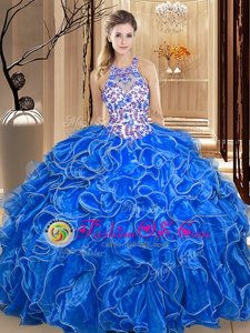 Scoop Backless Organza Sleeveless Floor Length Quinceanera Gown and Embroidery and Ruffles