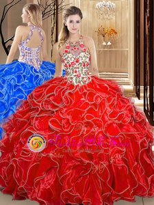 Scoop Sleeveless Backless Sweet 16 Quinceanera Dress Coral Red Organza