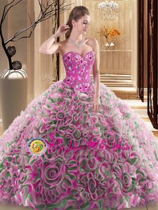 Amazing Multi-color Fabric With Rolling Flowers Lace Up Sweetheart Sleeveless With Train Quinceanera Dress Brush Train Embroidery and Ruffles