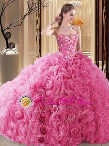 Rose Pink Lace Up 15th Birthday Dress Embroidery and Ruffles and Pick Ups Sleeveless Floor Length