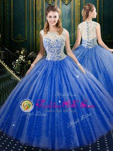 Royal Blue Zipper High-neck Lace Ball Gown Prom Dress Tulle Sleeveless