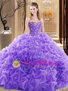 Fitting Sleeveless Embroidery and Ruffles and Pick Ups Lace Up Quinceanera Gown with Lavender Court Train