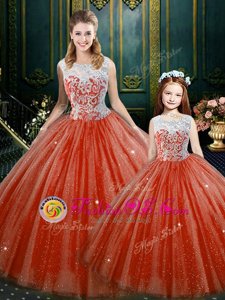 Tulle High-neck Sleeveless Zipper Lace Ball Gown Prom Dress in Orange Red