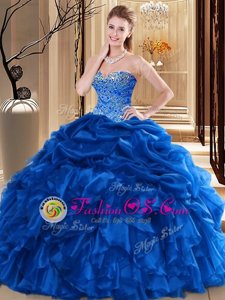 Blue Organza Backless 15th Birthday Dress Sleeveless Floor Length Lace and Appliques and Ruffles and Pick Ups