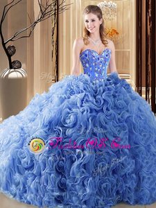 Traditional Organza and Fabric With Rolling Flowers Sleeveless 15 Quinceanera Dress Court Train and Embroidery and Ruffles