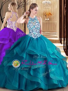 Teal Vestidos de Quinceanera Military Ball and Sweet 16 and Quinceanera and For with Embroidery and Ruffles Scoop Sleeveless Brush Train Lace Up