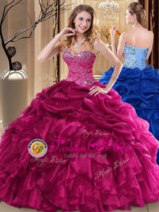 Most Popular Organza Sweetheart Sleeveless Lace Up Beading and Pick Ups Sweet 16 Dress in Fuchsia