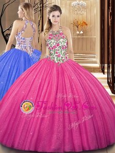 Scoop Hot Pink Tulle Backless Vestidos de Quinceanera Sleeveless Floor Length Embroidery and Sequins