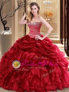 Fine Sleeveless Floor Length Beading and Pick Ups Lace Up Vestidos de Quinceanera with Red