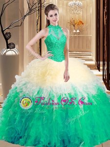 Beauteous Backless Organza Sleeveless Floor Length Ball Gown Prom Dress and Lace and Appliques and Ruffles