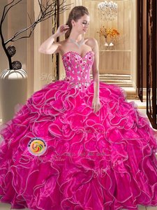 Superior Fuchsia Ball Gowns Sweetheart Sleeveless Organza Floor Length Lace Up Embroidery and Ruffles 15 Quinceanera Dress