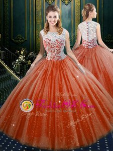 Trendy Orange Red Zipper Quinceanera Gown Lace Sleeveless Floor Length