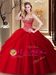 Top Selling Red Ball Gowns Tulle Sweetheart Sleeveless Beading Floor Length Lace Up 15 Quinceanera Dress