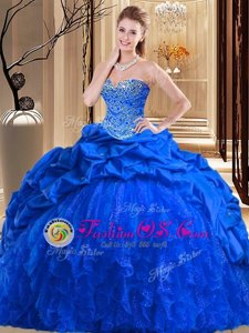 Aqua Blue Ball Gowns Sweetheart Sleeveless Taffeta and Tulle Brush Train Lace Up Beading and Ruffles Quince Ball Gowns
