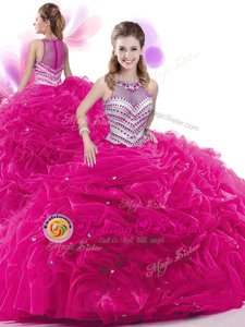Eye-catching Fuchsia High-neck Neckline Ruffles and Pick Ups Ball Gown Prom Dress Sleeveless Zipper
