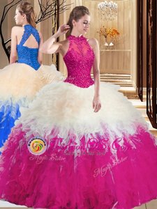 Sleeveless Lace and Appliques and Ruffles Backless Quinceanera Dress