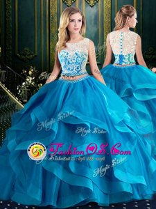 Flare Scoop Sleeveless Tulle With Brush Train Zipper Ball Gown Prom Dress in Baby Blue for with Lace and Ruffles