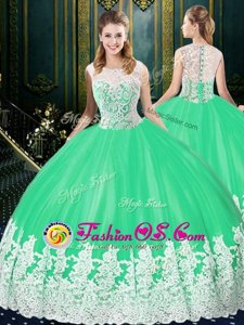 On Sale Ball Gowns Quinceanera Gowns Apple Green Scoop Tulle Sleeveless Floor Length Zipper