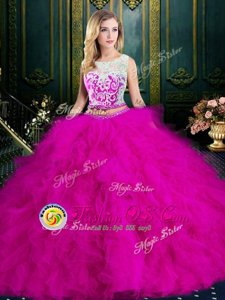 Enchanting Fuchsia Ball Gowns Scoop Sleeveless Tulle Floor Length Zipper Lace and Ruffles Quince Ball Gowns