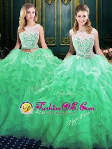 Best Selling Scoop Sleeveless Organza Quinceanera Dress Lace and Ruffles Court Train Lace Up