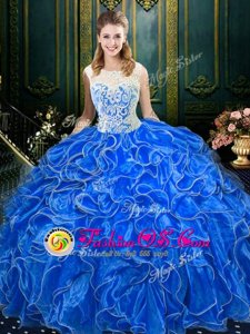 Scoop Sleeveless Quince Ball Gowns Floor Length Lace and Ruffles Royal Blue Organza