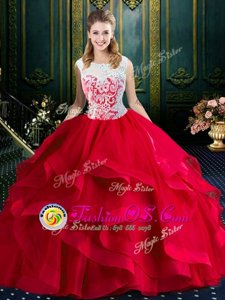 Glamorous Square With Train Red Quinceanera Dresses Tulle Brush Train Sleeveless Lace and Ruffles