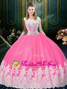 Charming Scoop Sleeveless Zipper Quinceanera Dresses Rose Pink Tulle