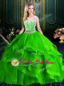 Charming Scoop Sleeveless Brush Train Lace and Ruffles With Train Quinceanera Dress