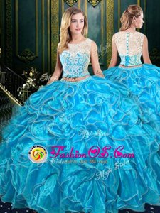 Scoop Baby Blue Sleeveless Lace and Ruffles Floor Length Quinceanera Gowns