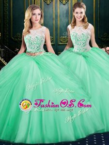 Scoop Floor Length Zipper Quinceanera Dresses Apple Green and In for Military Ball and Sweet 16 and Quinceanera with Lace and Pick Ups